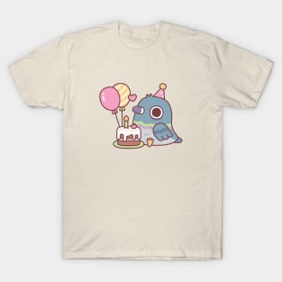 Cute Pigeon With Balloons And Birthday Cake T-Shirt